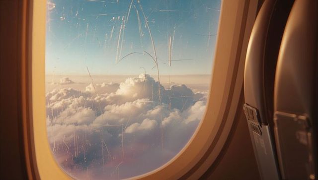 View Through Scratched Airplane Window with Sunlit Clouds