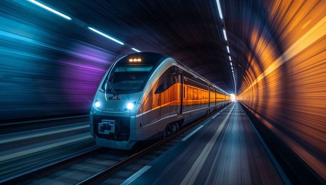High-speed train racing through neon tunnel at night with motion blur and futuristic glow