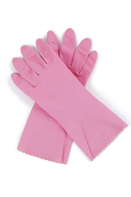 Pair of pink rubber gloves lying on a white background. Ideal for use in cleaning and sanitation tasks, these gloves provide hand protection during household chores. Suitable for advertisements, cleaning product promotions, and hygiene-related content.
