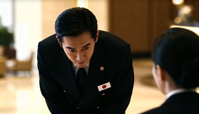 Japanese hotel staff bowing in lobby wearing formal uniform with national flag badge