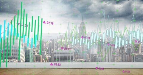 Projecting financial charts over urban skyline through full-height glass wall in loft