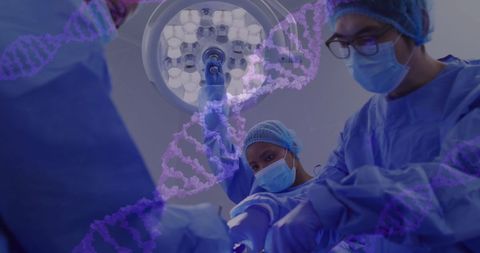 DNA Illustrations Over Surgeons Performing Medical Operation