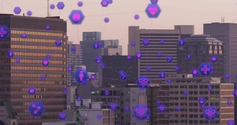 Augmented cityscape at dusk with floating holographic health and tech icons