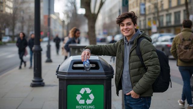 Teenager recycling plastic bottle on city sidewalk smiling, urban sustainability action