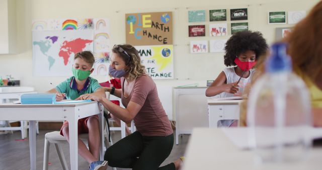 Elementary School Classroom with Teacher and Diverse Students Wearing Masks - Download Free Stock Images Pikwizard.com