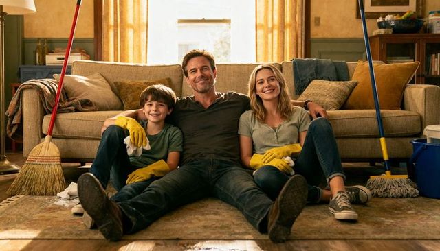 Smiling family resting on living room rug after cleaning while wearing yellow gloves