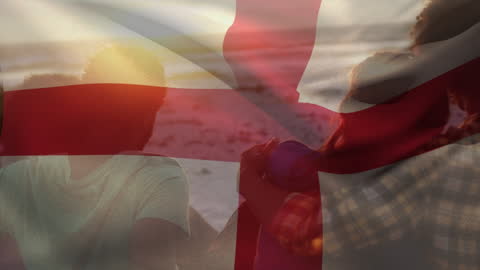 Friends Enjoying Beach with Overlay of England Flag