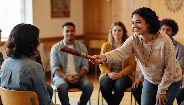 Facilitator offering carved talking stick in diverse support group circle