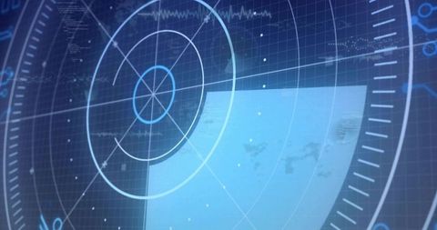 Futuristic blue radar hud interface with concentric reticle, radial grid and data nodes