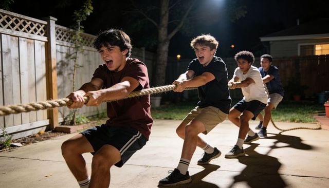 Teen boys pulling rope backyard tug-of-war at night showing teamwork and competition
