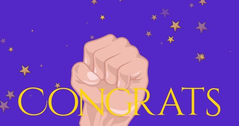 Celebratory Fist with Stars on Blue Background
