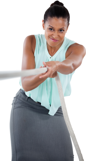 Professional Biracial Businesswoman Pulling Rope Transparent Background - Download Free Stock Videos Pikwizard.com