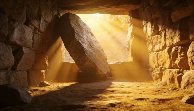 Sunlit megalith blocking ancient chamber entrance with golden sunbeams and dust
