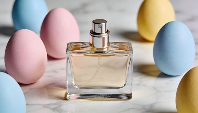 Spring perfume bottle surrounded by pastel easter eggs on marble surface