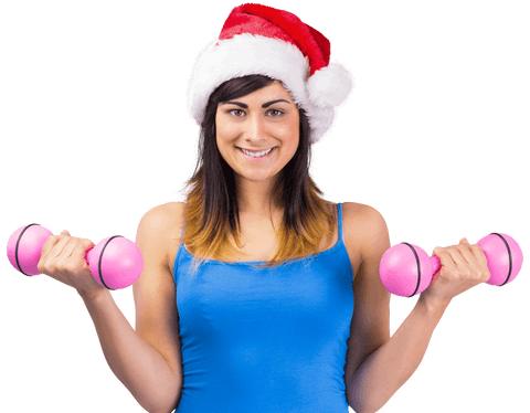 Festive fit woman wearing santa hat lifting pink dumbbells on transparent background