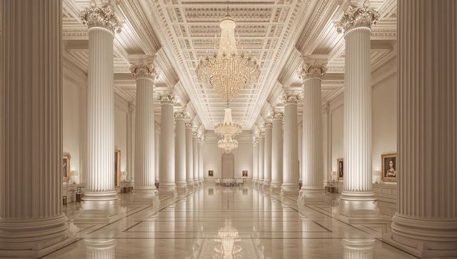 Showcasing neoclassical grand hall with symmetrical marble columns and crystal chandelier