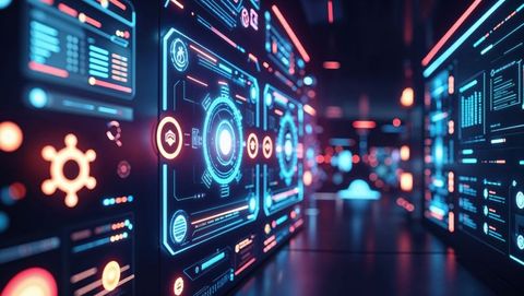 Futuristic Holographic Interface in Neon Data Corridor