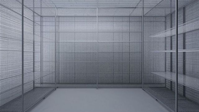 Empty industrial wire-mesh storage cage in minimalist grayscale utility space