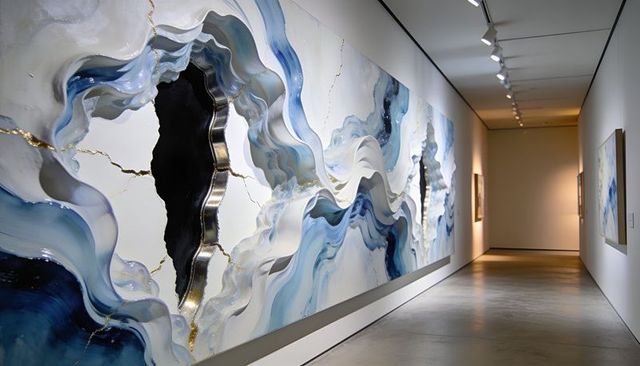 Contemporary gallery corridor featuring large blue-white abstract geode-inspired wall mural
