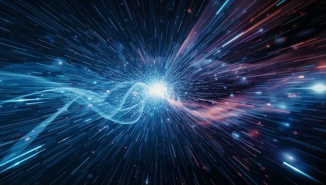 Hyperspace warp tunnel with radiant white-blue core and cyan energy ribbon