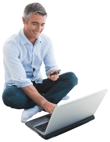 Mid-aged Man Using Smartphone and Laptop Transparent Background - Download Free Stock Videos Pikwizard.com