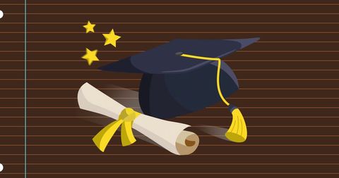 Graduation success: mortarboard and diploma with gold stars