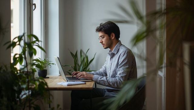 Young man working remotely at window desk surrounded by indoor plants and laptop