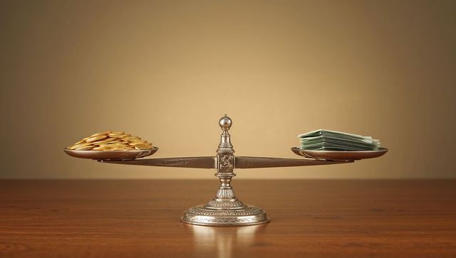 Vintage brass balance scale weighing gold coins and paper money on polished wood tabletop