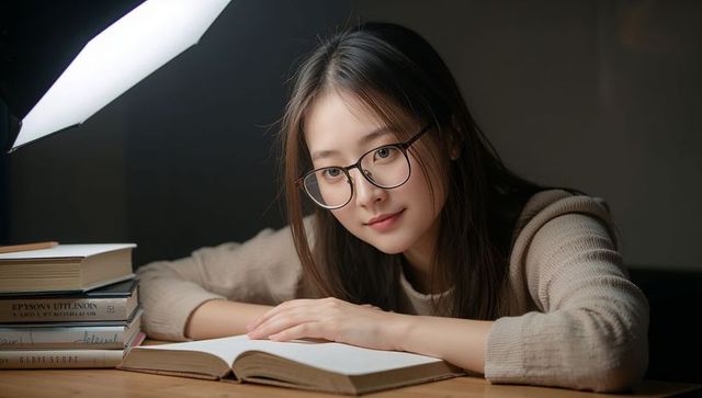 Young woman studying under warm lamp wearing glasses and beige sweater focused on open book