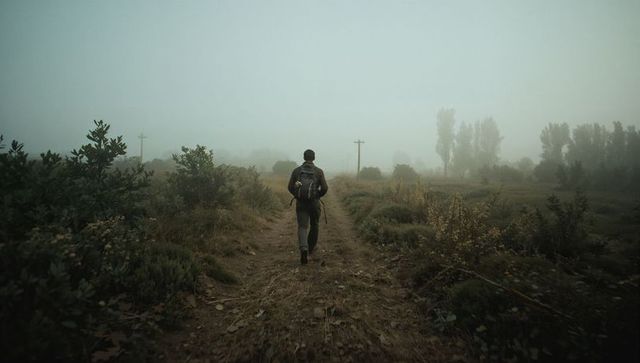 Solitary hiker walking foggy moorland trail with backpack and tripod
