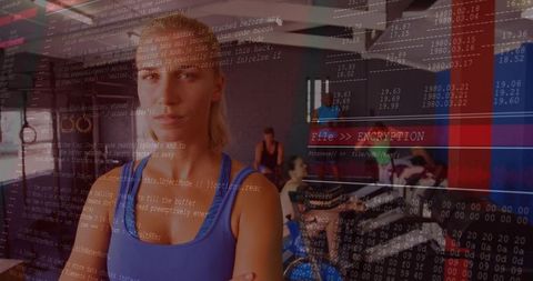 Blonde Athlete Crossing Arms in Gym with Encryption Code Overlay Merging Fitness and Tech