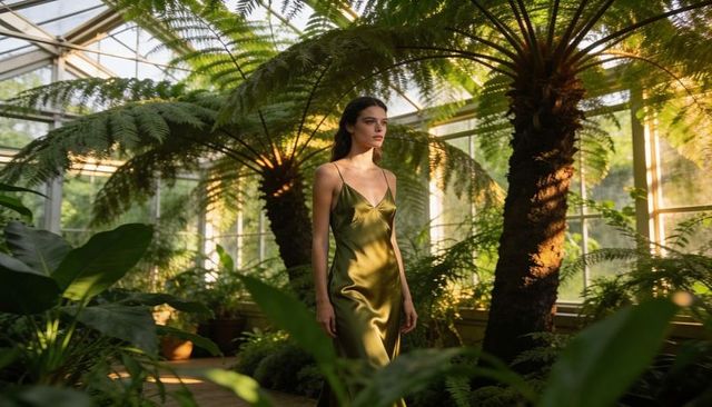 Model standing in olive green satin dress among lush tree ferns in sunlit conservatory