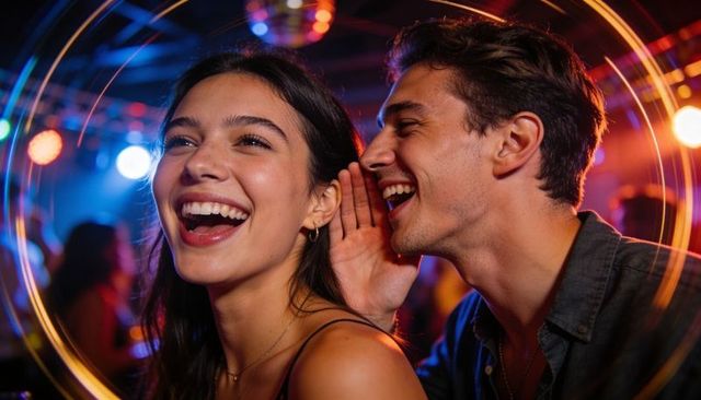 Young couple whispering and laughing on neon nightclub dancefloor circular light trails