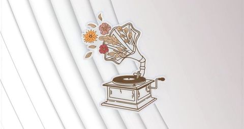 Vintage gramophone with floral bouquet emerging from horn on minimalist diagonal backdrop