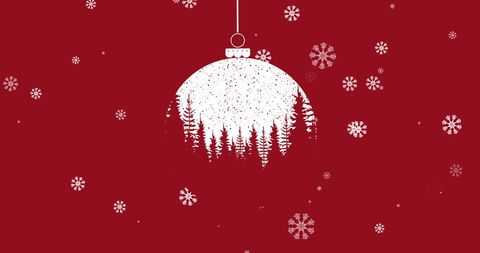 Holiday Red Bauble with Forest Silhouette and Falling Snowflakes