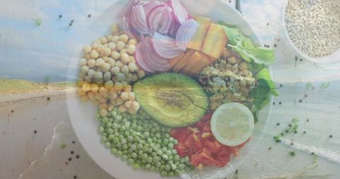 Blending coastal beachscape with vibrant healthy bowl top-down double exposure wellness