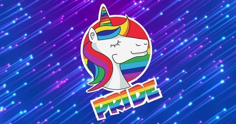Colorful Pride Unicorn and Text on Blue Backdrop