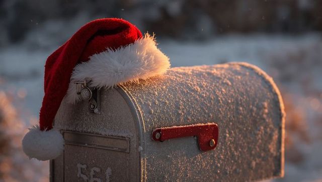 Frosted rural mailbox wearing santa hat at sunrise, glowing backlit winter roadside scene