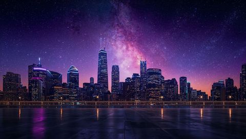 Glowing neon skyline towering under milky way, reflecting on wet waterfront plaza