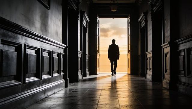 Silhouette walking to sunlit horizon in ornate corridor with polished floor reflections