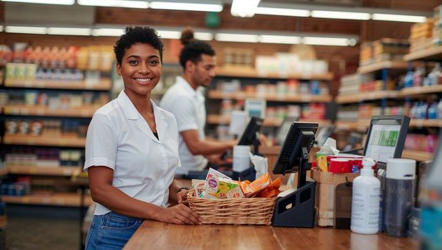 Smiling cashier serving customers at modern market checkout handling wicker basket and pos