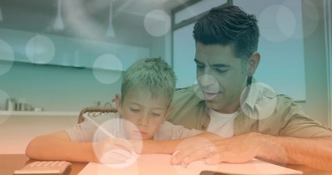 Father Teaching Son at Home Amid Modern Bokeh Effect