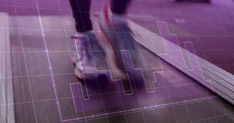 Runner on treadmill with fitness data overlay in gym