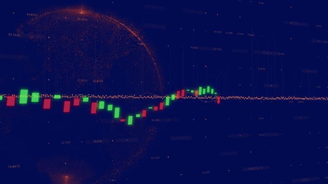 Global data processing graphic shows financial candlestick chart and virtual globe, perfect for finance-related content. Concepts include stock market trends, investment strategies, technology in business, data sciences, and futuristic finance solutions.