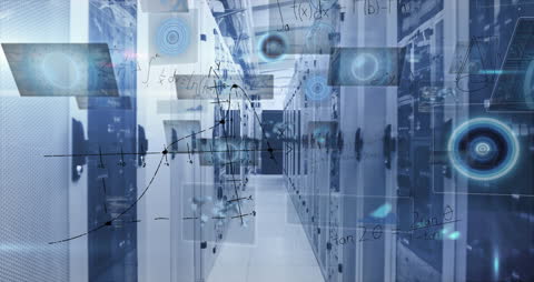 Technology Concepts Overlaying Futuristic Server Room