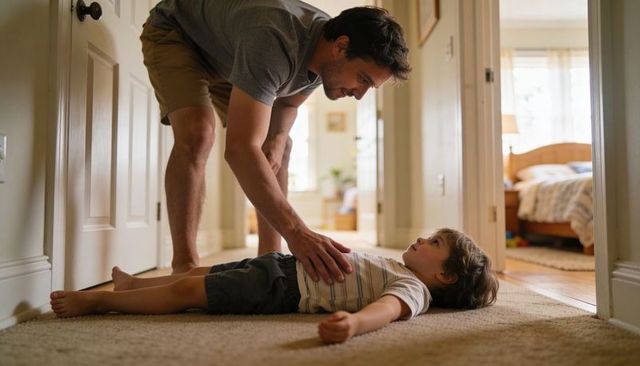 Father leaning over child checking for injury in hallway caring parent giving first aid
