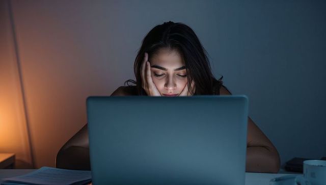 Late-night student studying on laptop with screen glow and lamp, remote learning fatigue