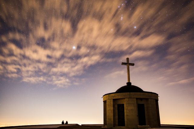 Night Sky Above Old Chapel with Cross and Silhouette on Roof - Download Free Stock Photos Pikwizard.com