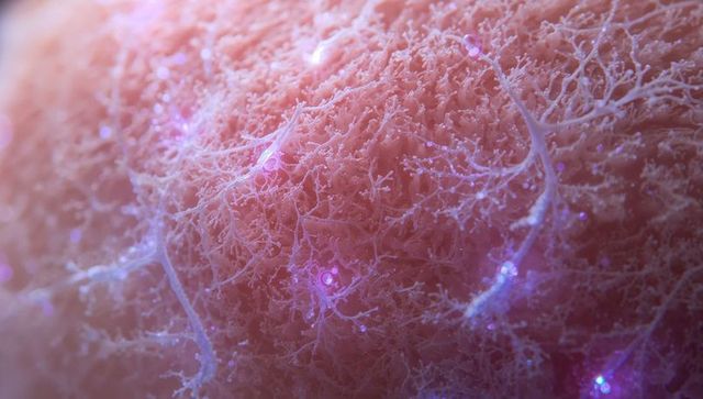 Microscopic neural network on pink tissue with glowing violet nodes and branched filaments