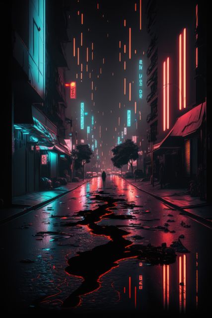 Depicts futuristic city street at night illuminated by neon lights. Rain creates reflective surfaces on road producing dramatic lighting and shadow effects. Scene feels lonely with single figure in distance, evoking cyberpunk and dystopian vibes. Useful for concepts related to sci-fi, futuristic urban landscapes and cyberpunk culture.